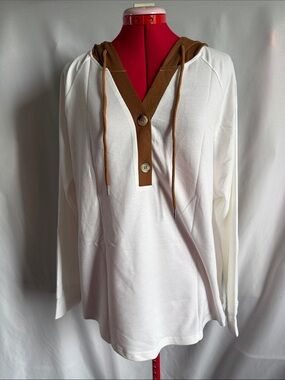 Women’s Hooded Button V-Neck Pullover Sweatshirt - White with Brown Trim